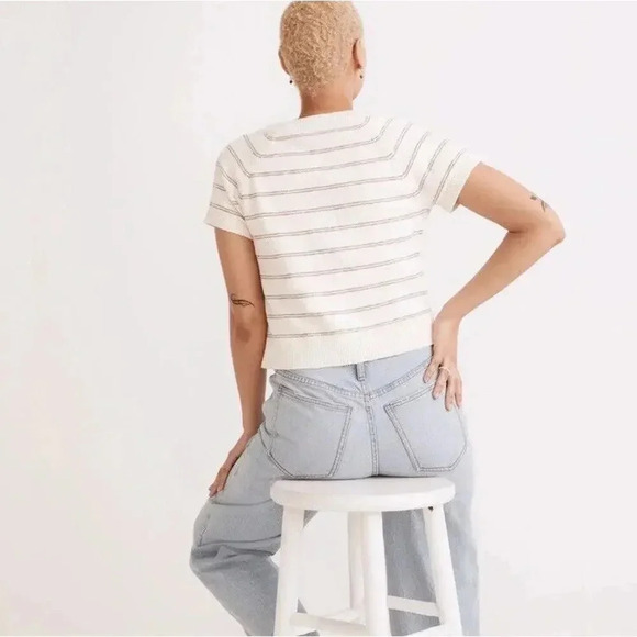 Madewell L 100% Cotton Linden Scoop Neck Cropped‎ Striped Sweater Tee Large - Picture 2 of 8